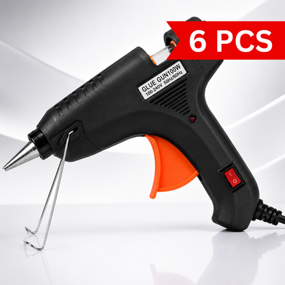 100W heavy-duty hot melt glue gun with precision metal nozzle, ergonomic trigger, integrated ON/OFF switch, LED power indicator and foldable stand for crafts, DIY and repair projects.