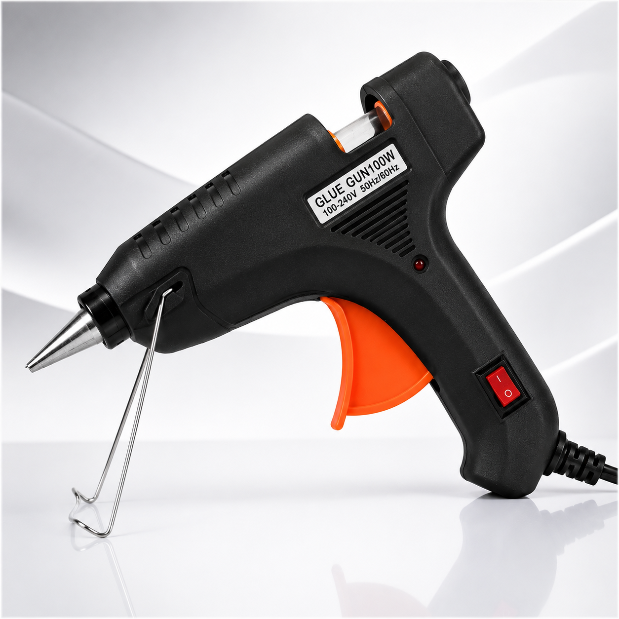 100W heavy-duty hot melt glue gun with precision metal nozzle, ergonomic trigger, integrated ON/OFF switch, LED power indicator and foldable stand for crafts, DIY and repair projects.