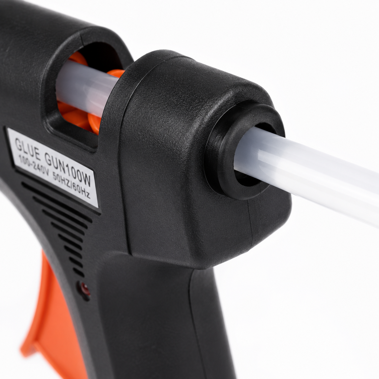 Close-up of a 100W hot melt glue gun showing rear glue stick loading mechanism for smooth and continuous adhesive feeding.