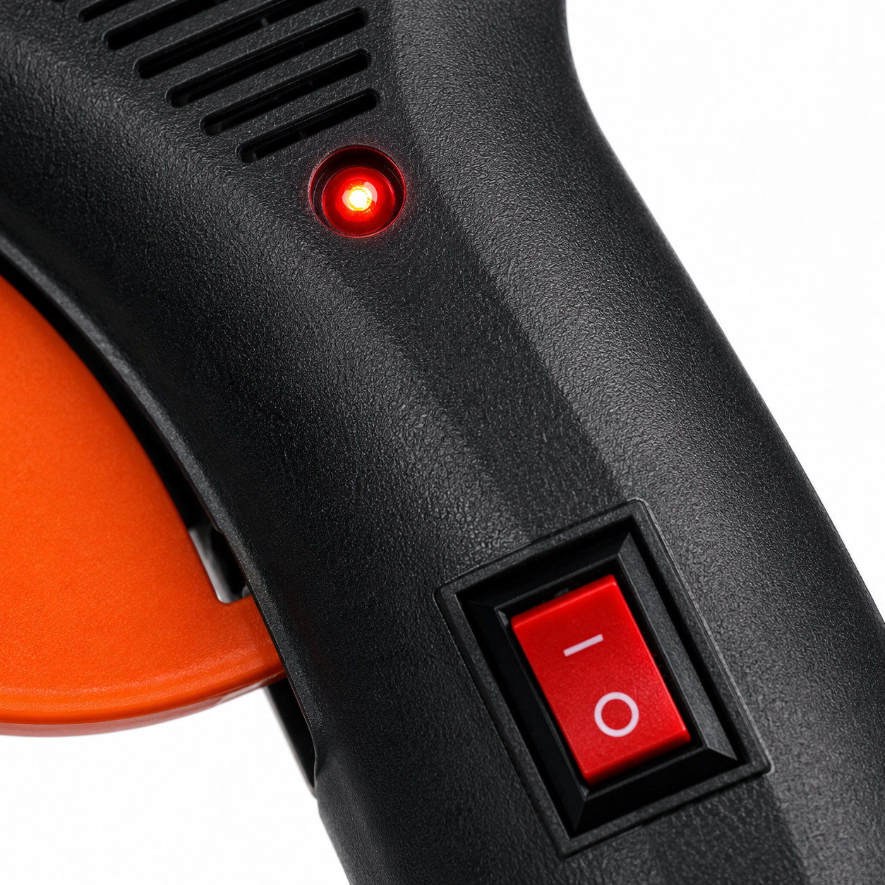 Macro view of the 100W hot glue gun featuring an illuminated LED power indicator and integrated ON/OFF switch for convenient operation.