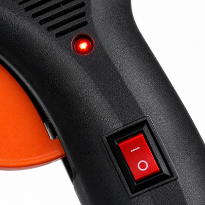 Macro view of the 100W hot glue gun featuring an illuminated LED power indicator and integrated ON/OFF switch for convenient operation.