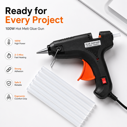 100W heavy-duty hot melt glue gun with glue sticks, fast heating, ergonomic grip, precision metal nozzle and integrated ON/OFF switch for DIY, crafts and repair projects.