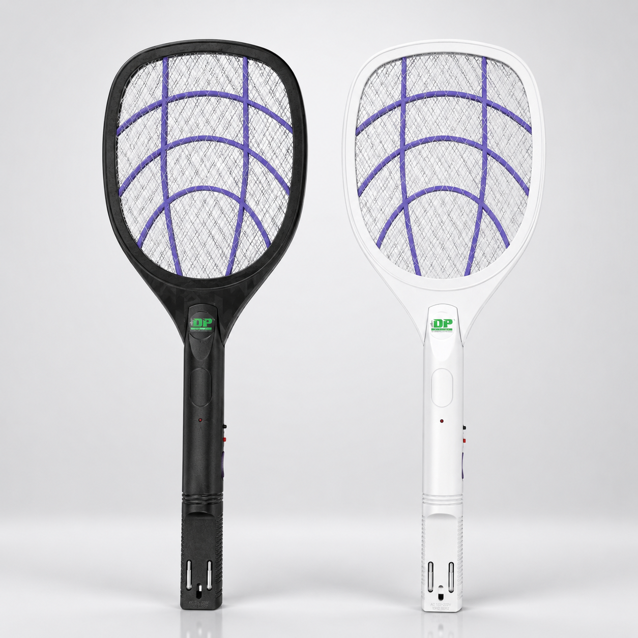 Rechargeable electric mosquito bat available in black and white colors with built-in charging plug and protective mesh net