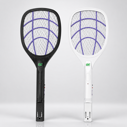 Rechargeable electric mosquito bat available in black and white colors with built-in charging plug and protective mesh net