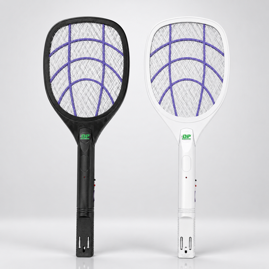Rechargeable electric mosquito bat available in black and white colors with built-in charging plug and protective mesh net