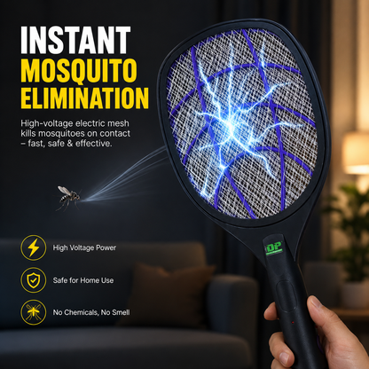 Rechargeable electric mosquito racket with high-voltage mesh net for fast mosquito and flying insect elimination