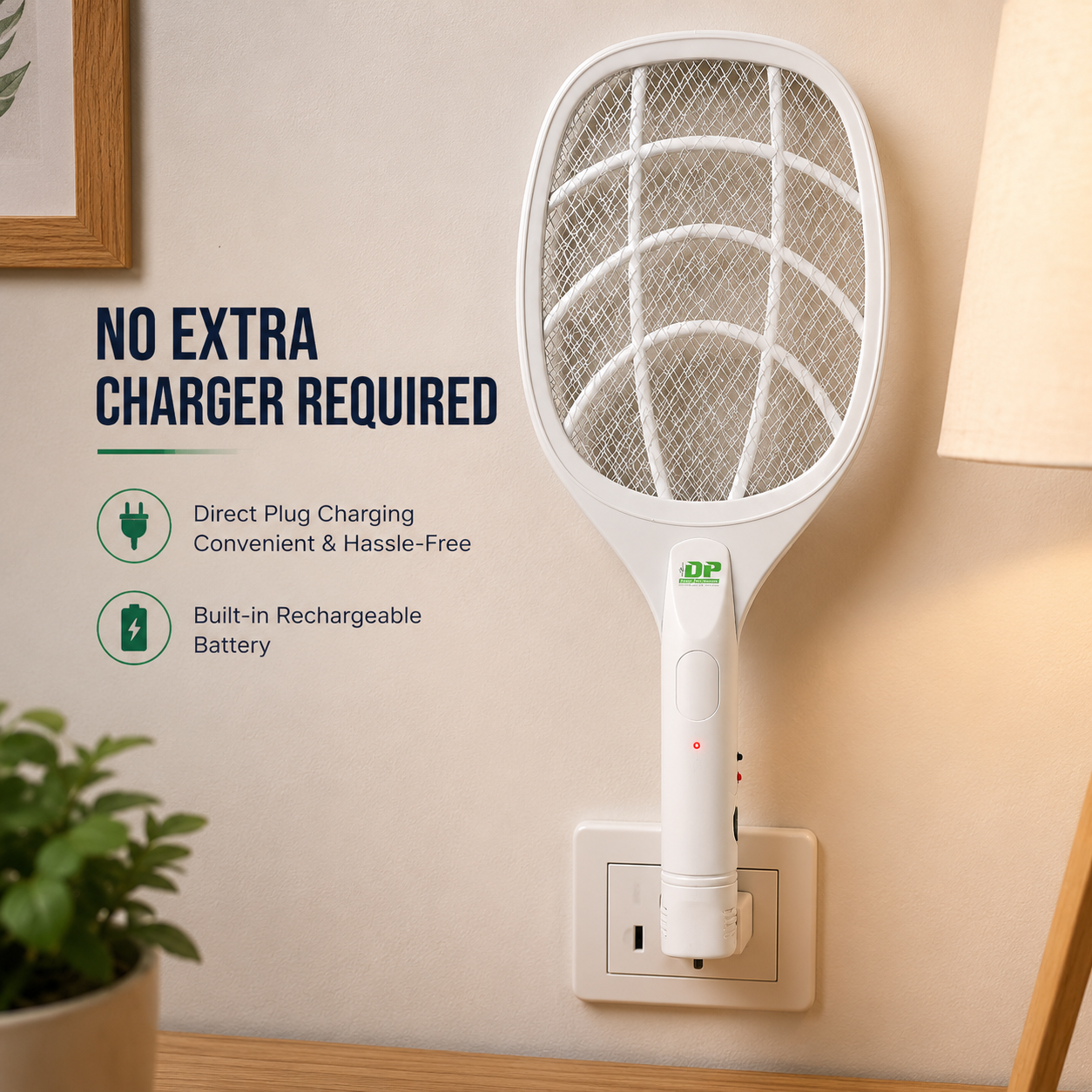Rechargeable mosquito bat with direct wall plug charging and built-in battery for convenient cordless insect control