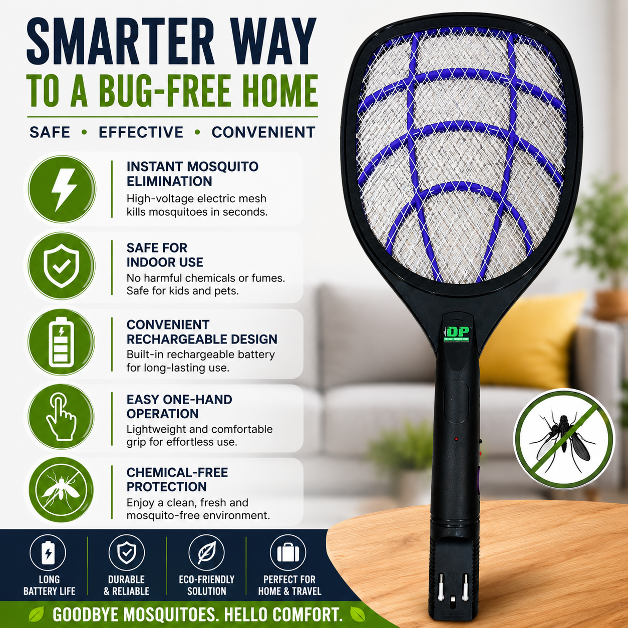 Rechargeable electric mosquito bat infographic highlighting instant mosquito elimination, chemical-free protection, indoor safety, rechargeable battery, long battery life and direct plug charging for home use.