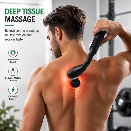 Close-up of a finger pressing the illuminated control buttons on a rechargeable deep tissue massage gun, showing LED battery level indicators, power button, speed control, and USB Type-C charging port.