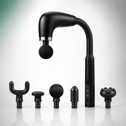 Rechargeable deep tissue massage gun with ergonomic long-reach handle displayed alongside five interchangeable massage heads, including round, flat, bullet, U-shaped, and multi-point attachments