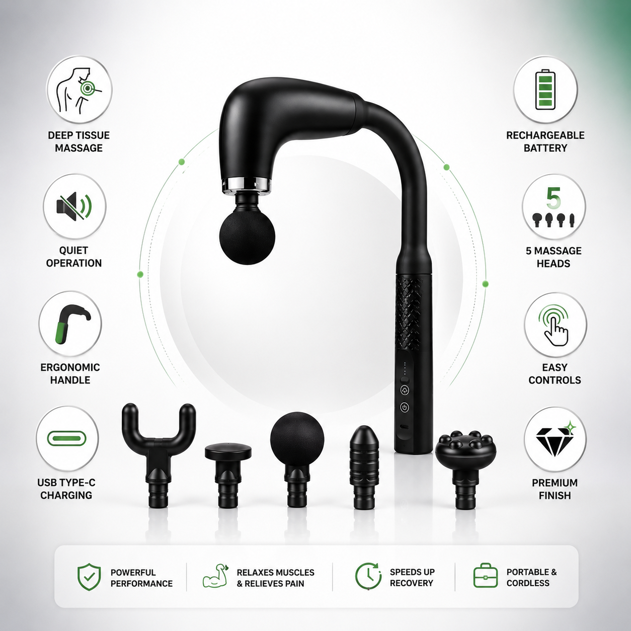 Portable cordless deep tissue massage gun with flexible ergonomic handle, soft round massage head, textured grip, LED controls, rechargeable battery, and modern matte black finish