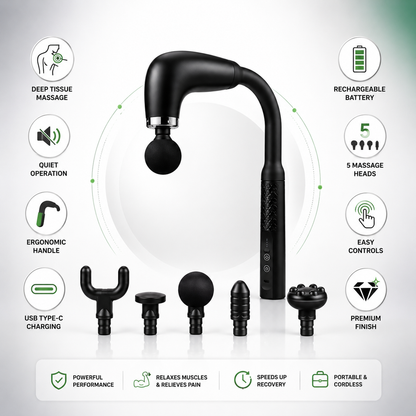 Portable cordless deep tissue massage gun with flexible ergonomic handle, soft round massage head, textured grip, LED controls, rechargeable battery, and modern matte black finish