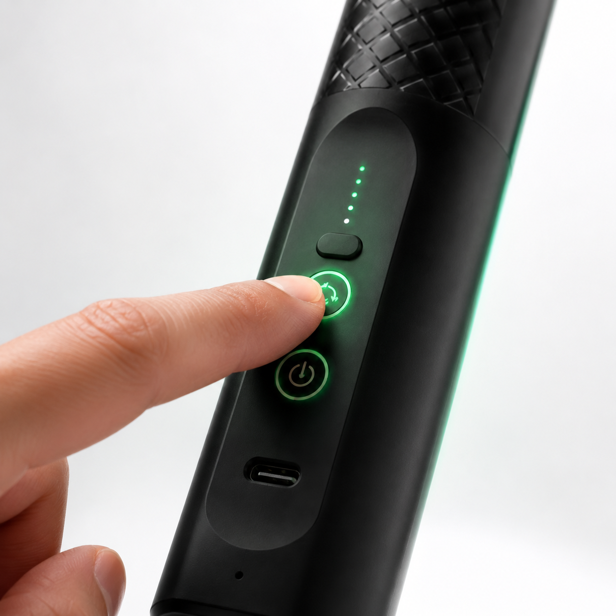 Rechargeable deep tissue massage gun with ergonomic long-reach handle, five interchangeable massage heads, USB Type-C charging, quiet operation, premium finish, easy controls, and cordless design displayed in a clean feature infographic.