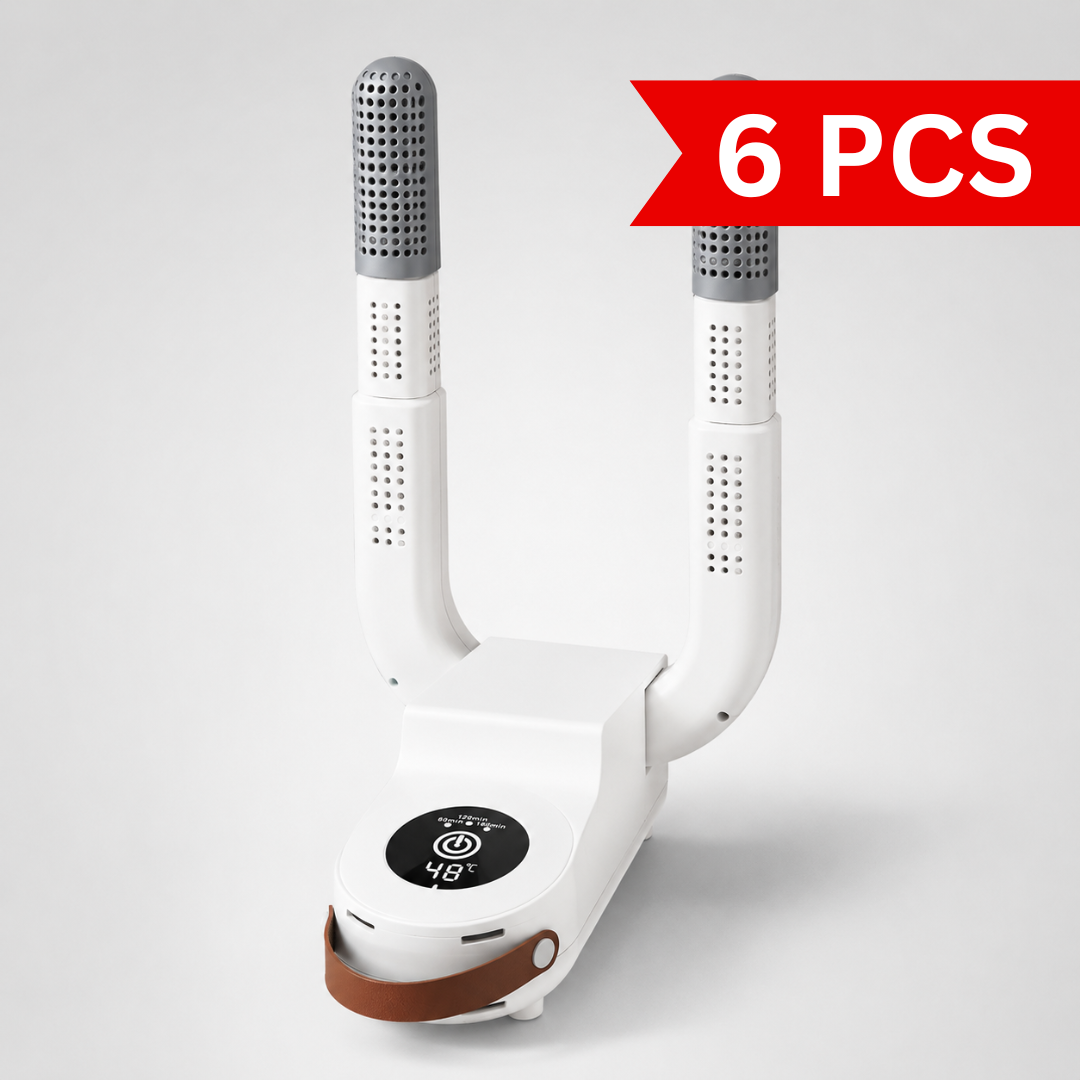 Portable electric shoe dryer with dual drying arms, digital temperature display, adjustable extensions, and foldable design. White footwear drying machine for drying and deodorizing shoes, sneakers, and boots.