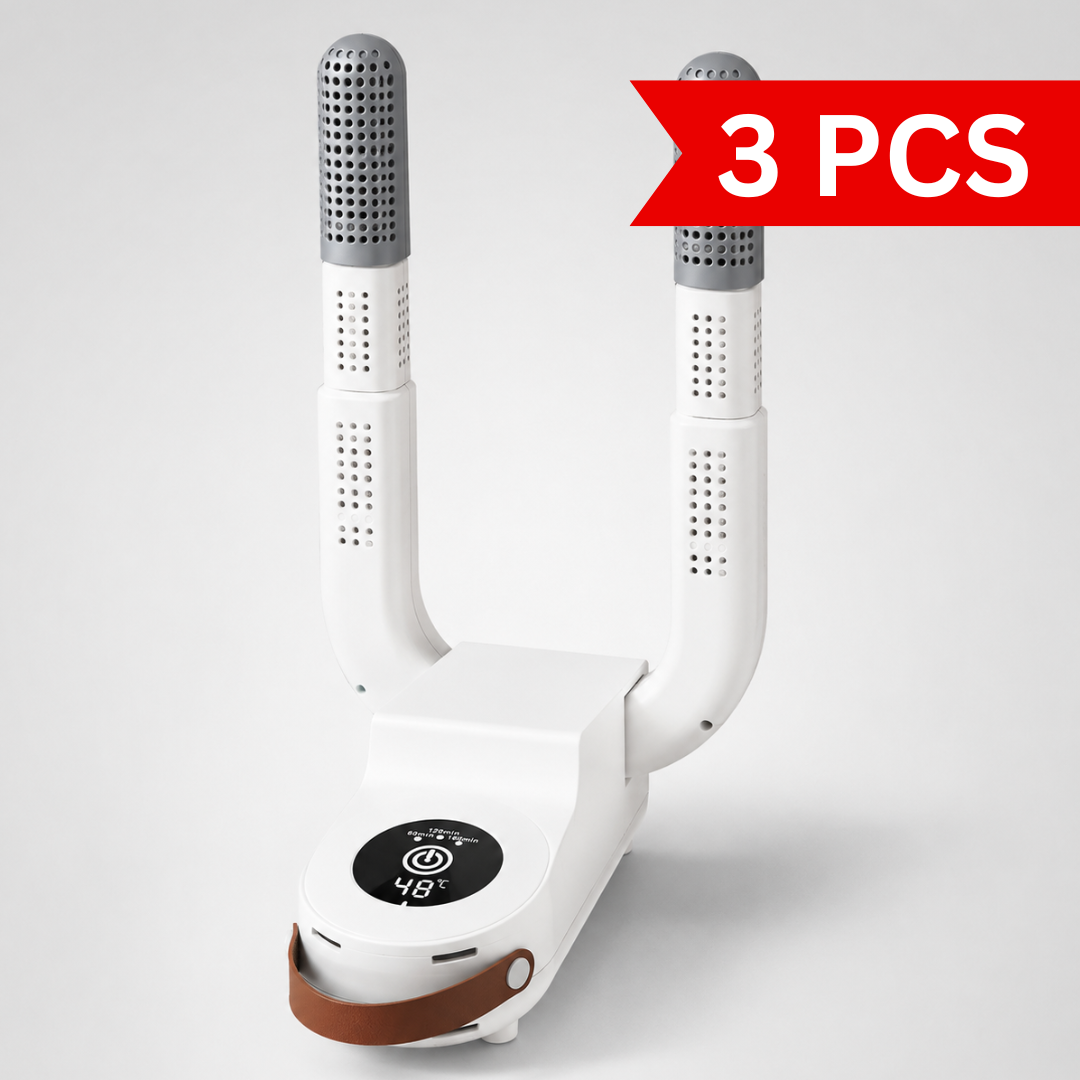 Portable electric shoe dryer with dual drying arms, digital temperature display, adjustable extensions, and foldable design. White footwear drying machine for drying and deodorizing shoes, sneakers, and boots.