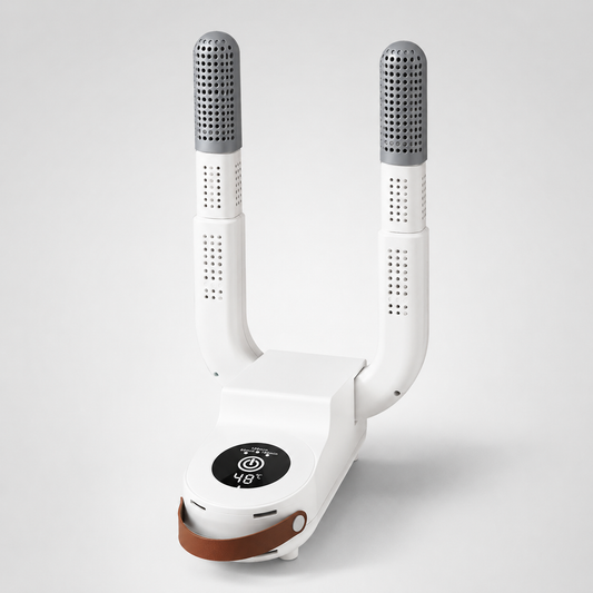 Portable electric shoe dryer with dual drying arms, digital temperature display, adjustable extensions, and foldable design. White footwear drying machine for drying and deodorizing shoes, sneakers, and boots.