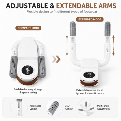 Electric shoe dryer with adjustable and extendable drying arms shown in compact and extended modes. Foldable design with adjustable length, 360° airflow, and multi-angle positioning for different shoe and boot sizes.
