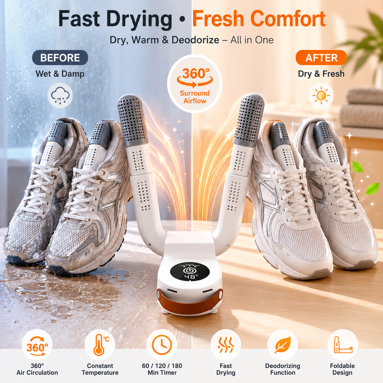 Before and after comparison showing wet running shoes transformed into dry, fresh footwear using an electric shoe dryer. Features include 360° air circulation, constant temperature drying, deodorizing function, timer settings, and foldable design.