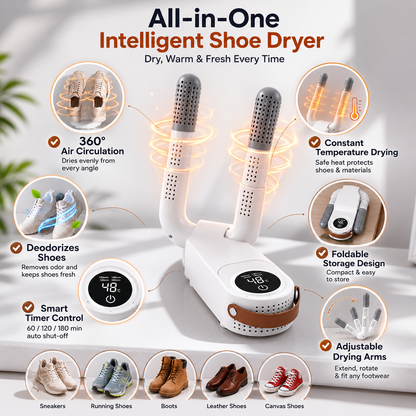 All-in-one intelligent shoe dryer featuring 360° air circulation, constant temperature drying, deodorizing function, smart timer control, foldable storage design, and adjustable drying arms. Suitable for sneakers, running shoes, boots, leather shoes, and canvas shoes.