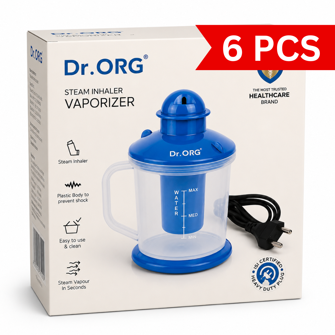Electric steam inhaler vaporizer retail box featuring a 350ml steam inhaler with transparent water chamber, easy-to-use design, shock-resistant plastic body, and quick steam generation.