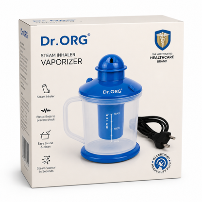 Electric steam inhaler vaporizer retail box featuring a 350ml steam inhaler with transparent water chamber, easy-to-use design, shock-resistant plastic body, and quick steam generation.
