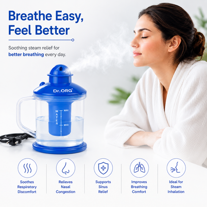 Woman using an electric steam inhaler vaporizer for soothing steam inhalation, supporting comfortable breathing, sinus relief, nasal congestion relief, and respiratory comfort at home.