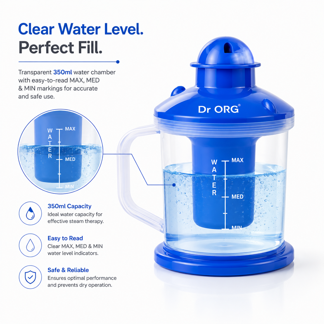 Electric steam inhaler vaporizer with transparent 350ml water chamber, easy-to-read MAX, MED and MIN water level markings, designed for accurate filling and safe home steam inhalation.