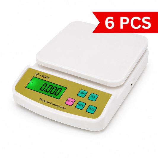 White SF-400A electronic compact scale with square platform, green LCD display and tare function.