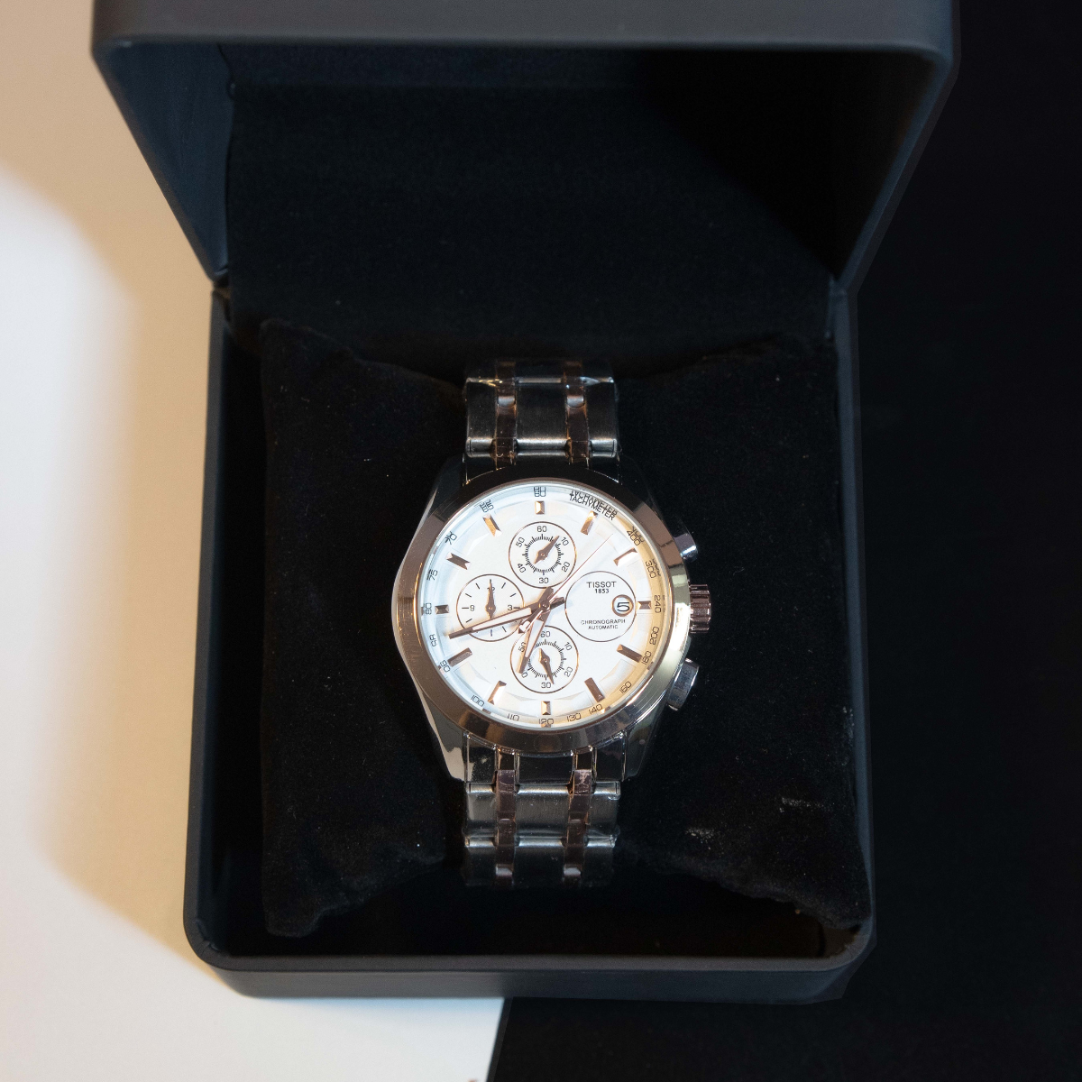 Elegant Chronograph Wristwatch luxury men's watch with silver dial and stainless steel bracelet in premium watch box
