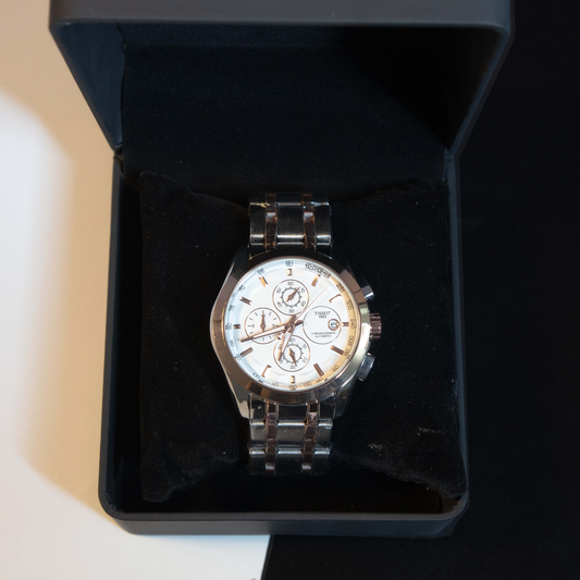 Elegant Chronograph Wristwatch luxury men's watch with silver dial and stainless steel bracelet in premium watch box
