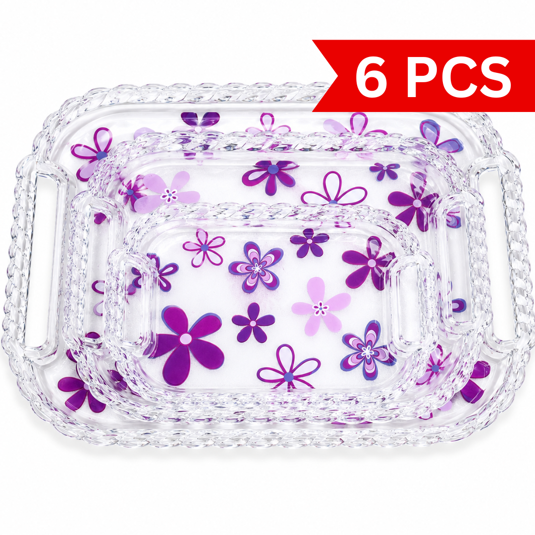 Premium floral serving tray set featuring three stackable transparent trays with crystal-style edges, ergonomic handles, and elegant purple floral artwork for serving tea, snacks, and desserts.