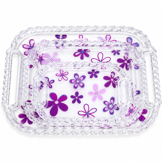 Premium floral serving tray set featuring three stackable transparent trays with crystal-style edges, ergonomic handles, and elegant purple floral artwork for serving tea, snacks, and desserts.