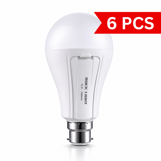 Rechargeable LED emergency bulb with integrated 2400mAh lithium battery, standard B22 base, ultra-bright cool white light and battery backup for power cuts.