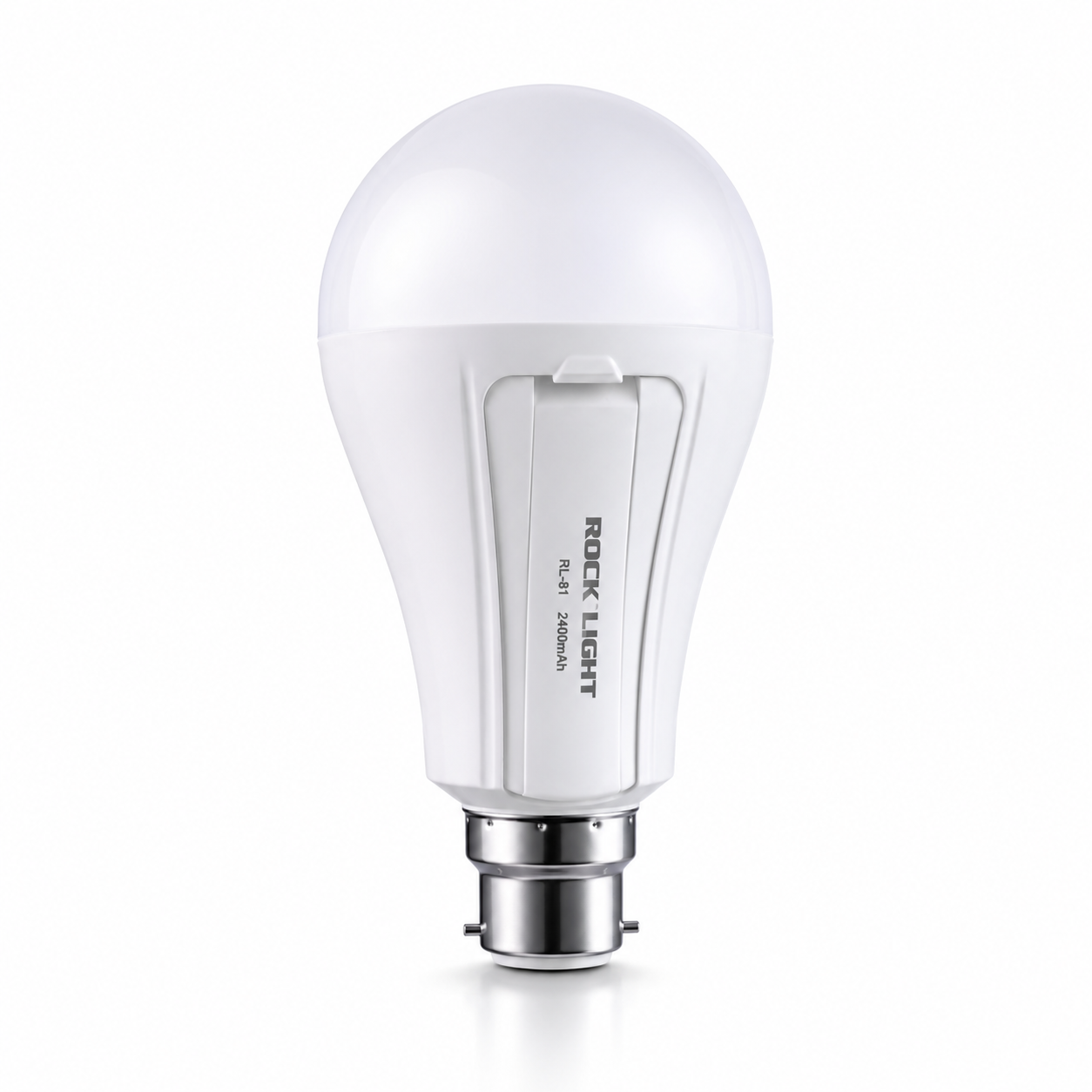 Rechargeable LED emergency bulb with integrated 2400mAh lithium battery, standard B22 base, ultra-bright cool white light and battery backup for power cuts..