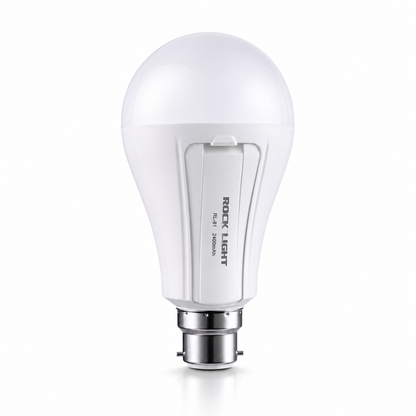 Rechargeable LED emergency bulb with integrated 2400mAh lithium battery, standard B22 base, ultra-bright cool white light and battery backup for power cuts..