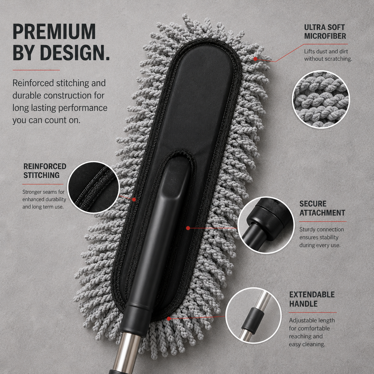 Close-up of Extendable Microfiber Car Cleaning Duster showing reinforced stitching, ultra-soft microfiber chenille fibers, secure attachment system, and extendable stainless steel handle for vehicle cleaning.
