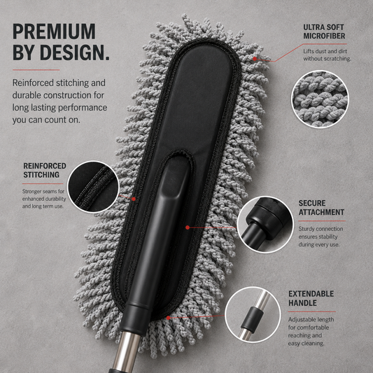 Close-up of Extendable Microfiber Car Cleaning Duster showing reinforced stitching, ultra-soft microfiber chenille fibers, secure attachment system, and extendable stainless steel handle for vehicle cleaning.