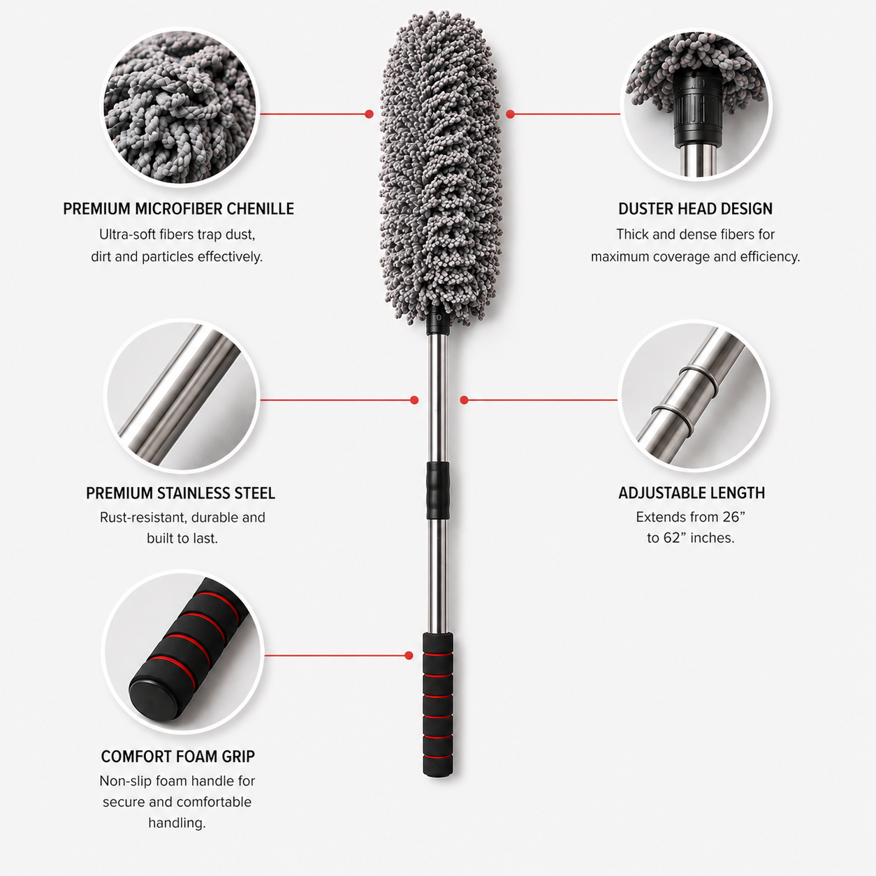 Extendable Microfiber Car Cleaning Duster with premium chenille microfiber head, stainless steel telescopic handle, adjustable length design, and non-slip foam grip for dust removal on cars and vehicles.