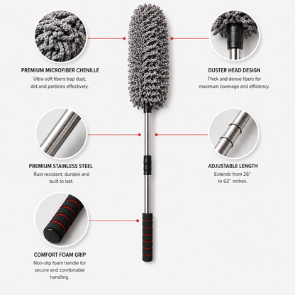 Extendable Microfiber Car Cleaning Duster with premium chenille microfiber head, stainless steel telescopic handle, adjustable length design, and non-slip foam grip for dust removal on cars and vehicles.