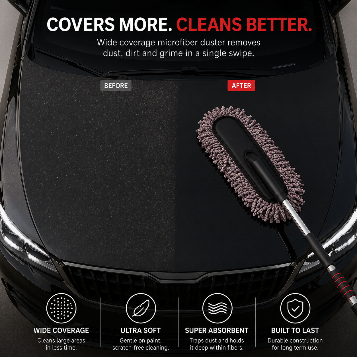 Extendable Microfiber Car Cleaning Duster demonstrating before and after dust removal on a black car hood, featuring wide coverage, ultra-soft microfiber chenille, scratch-free cleaning, and durable construction.