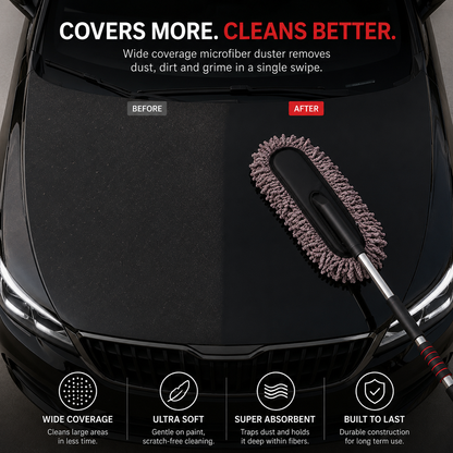 Extendable Microfiber Car Cleaning Duster demonstrating before and after dust removal on a black car hood, featuring wide coverage, ultra-soft microfiber chenille, scratch-free cleaning, and durable construction.