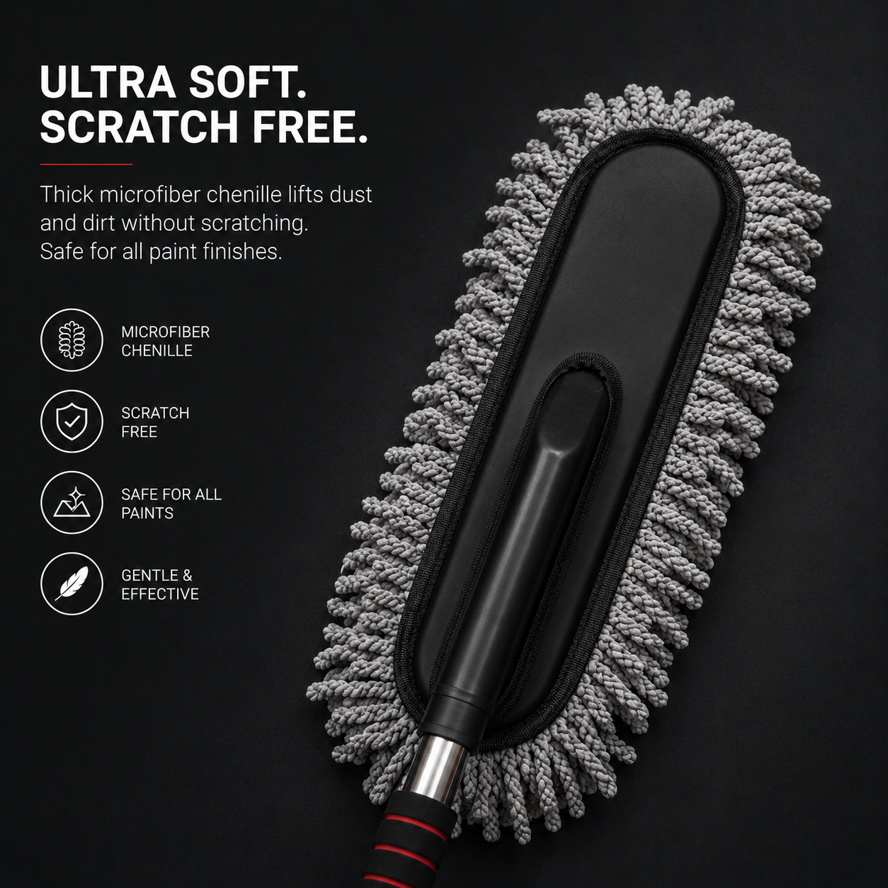 Extendable Microfiber Car Cleaning Duster with ultra-soft chenille microfiber head designed for scratch-free dust removal, safe for car paint, vehicle surfaces, and interior detailing.