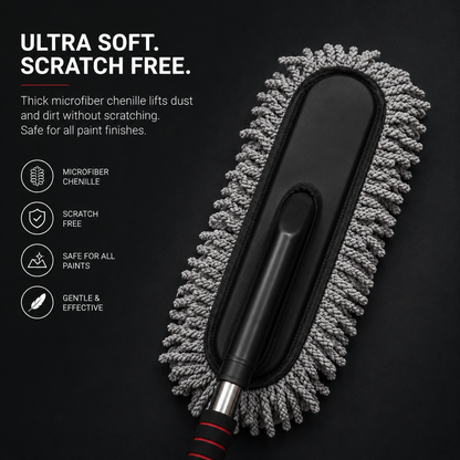 Extendable Microfiber Car Cleaning Duster with ultra-soft chenille microfiber head designed for scratch-free dust removal, safe for car paint, vehicle surfaces, and interior detailing.