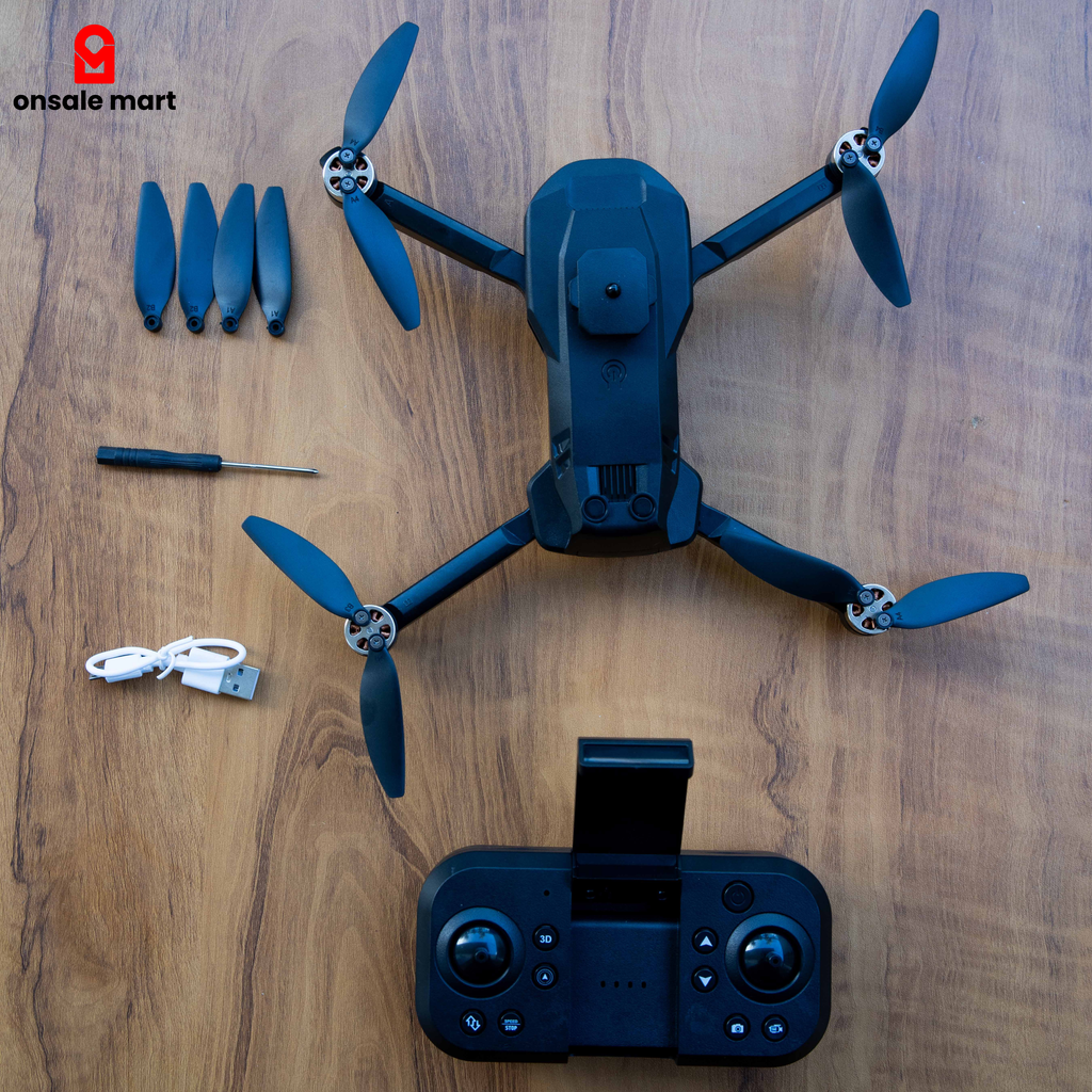 FPV X5HW drone with remote controller, propellers, USB cable, and tools included in box.