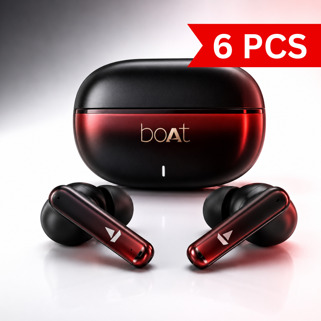 Premium true wireless Bluetooth earbuds with metallic red stems displayed alongside a stylish black and red charging case. Features a compact ergonomic design, touch controls, Type-C charging, and a modern finish suitable for music, gaming, calls, and everyday use.