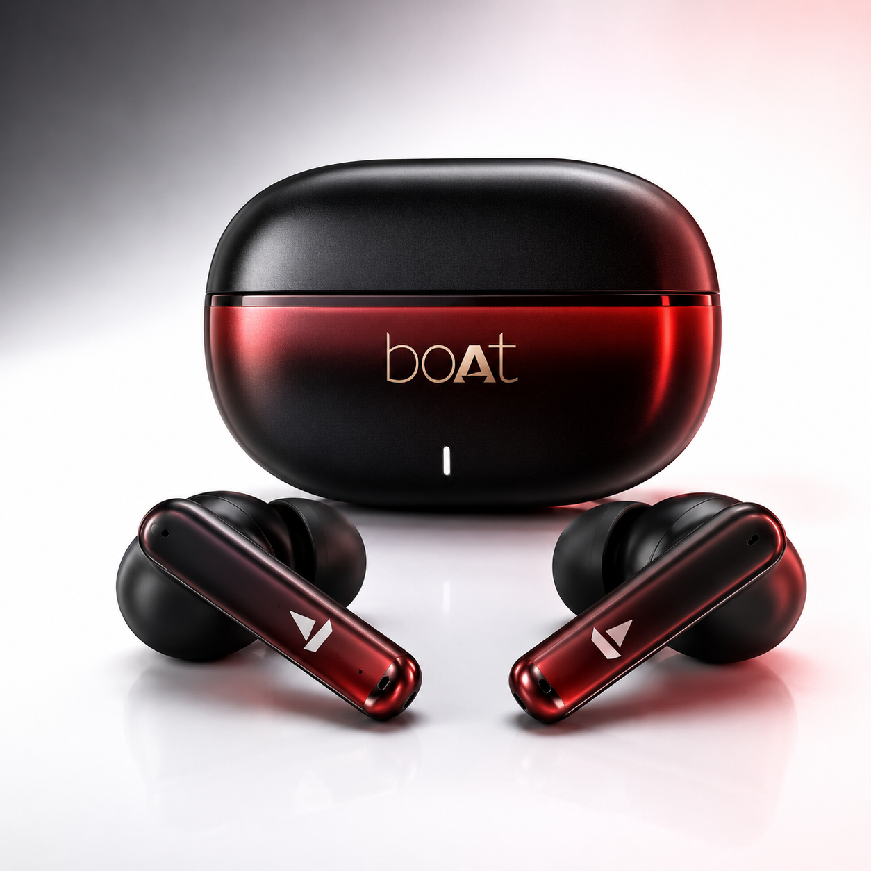Premium true wireless Bluetooth earbuds with metallic red stems displayed alongside a stylish black and red charging case. Features a compact ergonomic design, touch controls, Type-C charging, and a modern finish suitable for music, gaming, calls, and everyday use.
