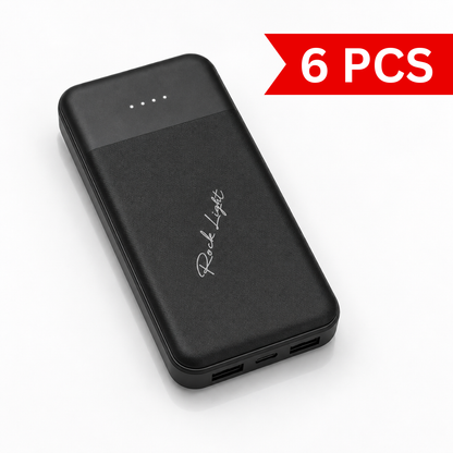 Black 10000mAh portable power bank with textured finish, four LED battery indicators, dual USB output ports and USB Type-C input, displayed