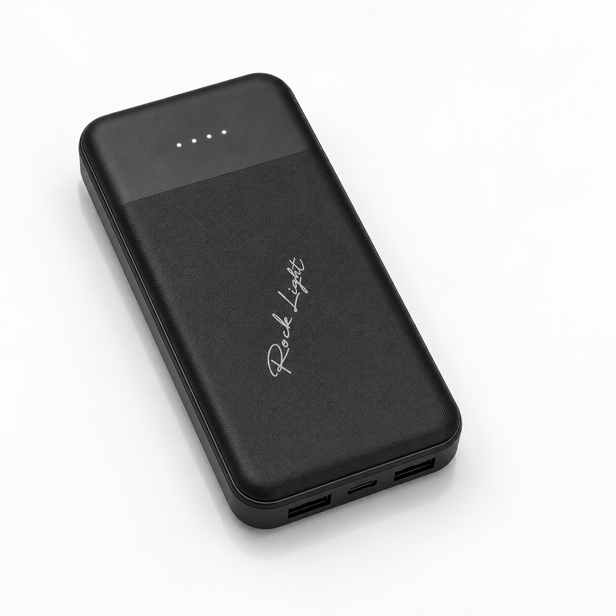 Black 10000mAh portable power bank with textured finish, four LED battery indicators, dual USB output ports and USB Type-C input, displayed