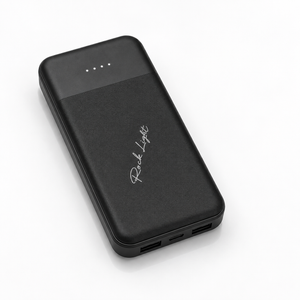 Black 10000mAh portable power bank with textured finish, four LED battery indicators, dual USB output ports and USB Type-C input, displayed