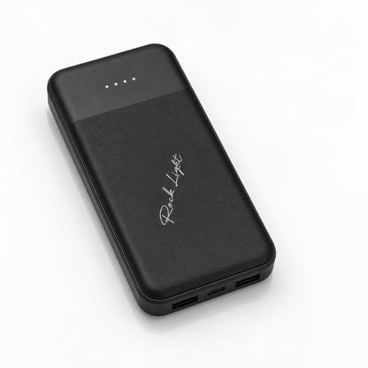 Black 10000mAh portable power bank with textured finish, four LED battery indicators, dual USB output ports and USB Type-C input, displayed
